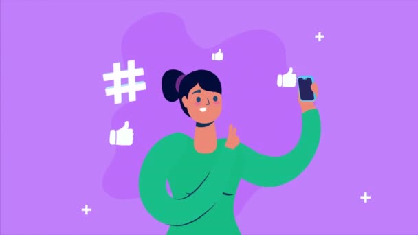 Mujer usando teléfonos inteligentes e iconos de redes sociales — Vídeos de Stock