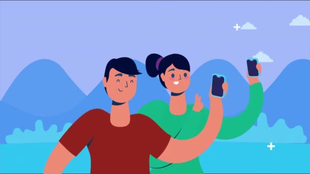 Par med hjälp av smartphone och sociala medier ikoner — Stockvideo