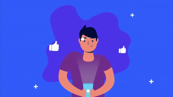 Homem usando ícones de smartphone e mídia social — Vídeo de Stock