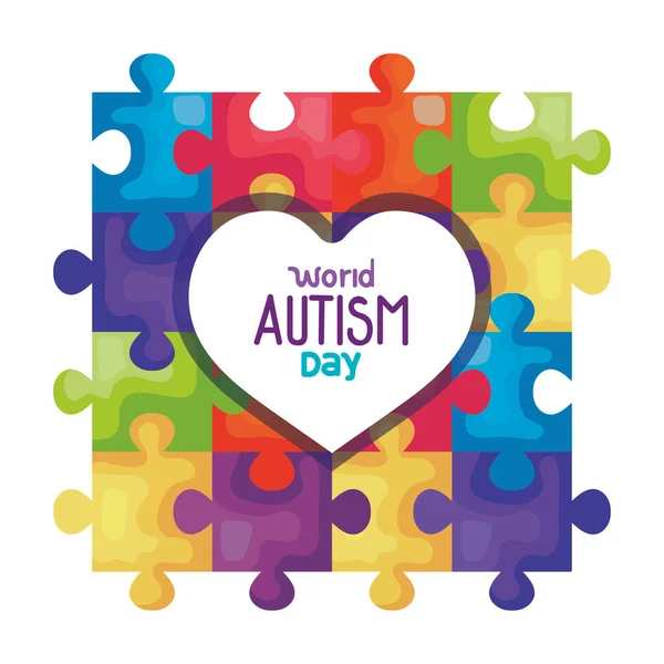 Día mundial del autismo con piezas de corazón y rompecabezas — Vector de stock