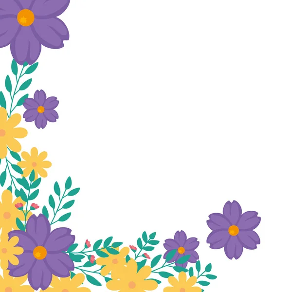 Marco de flores amarillo y púrpura con hojas — Vector de stock