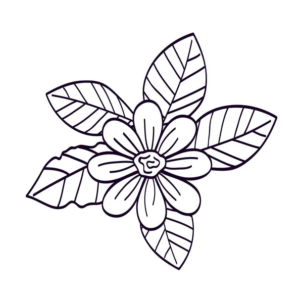 Linda flor con hojas icono de estilo de línea — Vector de stock