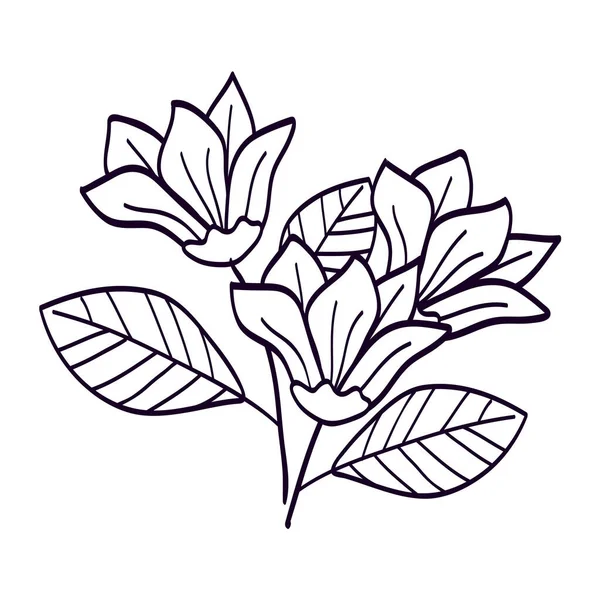 Niedlichen Blumen mit Zweigen und Blättern Linie Stil-Symbol — Stockvektor
