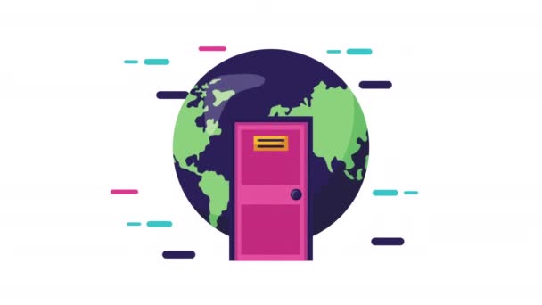 Animación de servicio logístico con planeta mundo y caja en puerta — Vídeos de Stock