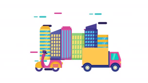Logistieke service animatie met motorfiets en vrachtwagen op de stad — Stockvideo