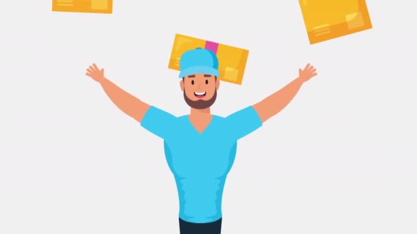 Pracovník logistických služeb s krabicemi a obálkami — Stock video