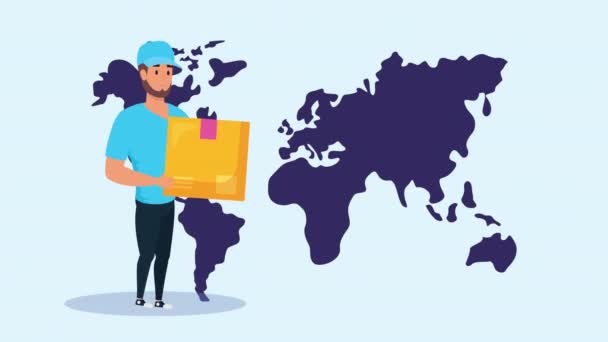 Trabajador de servicios logísticos con mapa del mundo y caja — Vídeo de stock