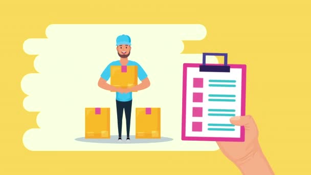 Caixa de levantamento de trabalhador de serviço logístico e checklist — Vídeo de Stock