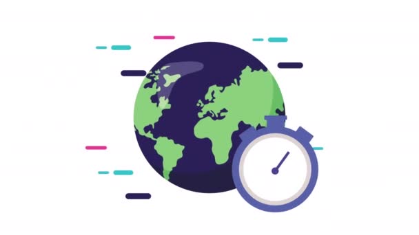 Logistieke service animatie met wereld planeet en chronometer — Stockvideo