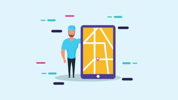 Trabajador de servicios logísticos con aplicación para teléfonos inteligentes — Vídeo de stock