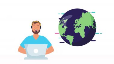 Dünya Gezegeni ve laptop kullanan lojistik servis çalışanı