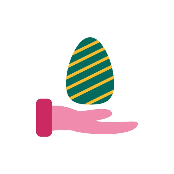 Mão levantando ovo de Páscoa pintado estilo plano — Vetor de Stock