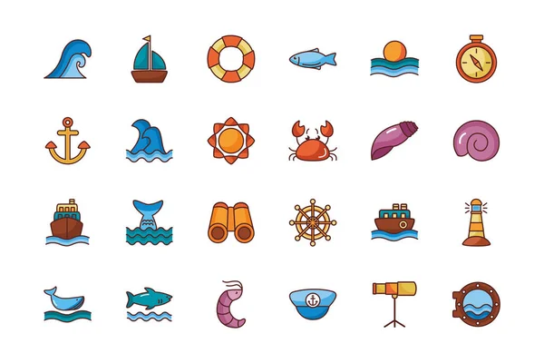 Paquete de iconos de estilo de color de línea de conjunto de mar — Vector de stock