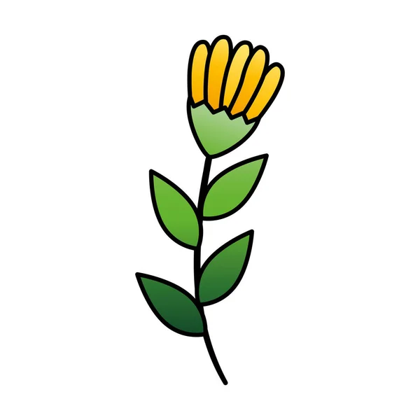 Niedliche Blume gelbe Farbe mit Zweig und Blättern isoliert Symbol — Stockvektor