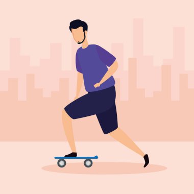 Şehir manzaralı kaykaylı genç adam