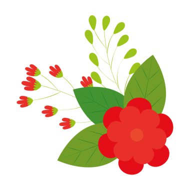 Şirin çiçekler dalları ve yaprakları olan kırmızı renkler.