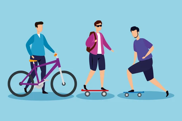 Bisikletli ve kaykaylı genç adamlar — Stok Vektör