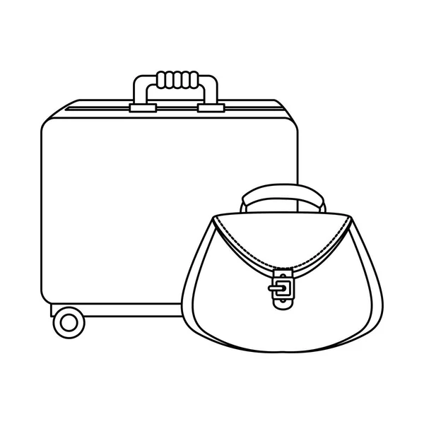 Wheeled suitcase with women bag isolated icon — Stock Vector