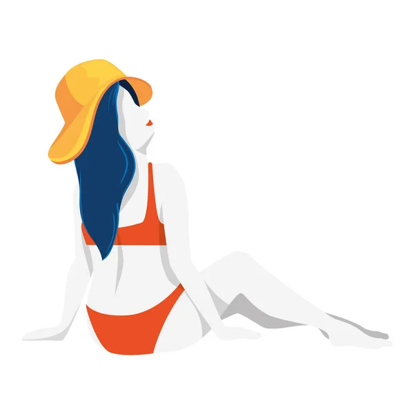 Frau sitzt mit Sommermütze — Stockvektor