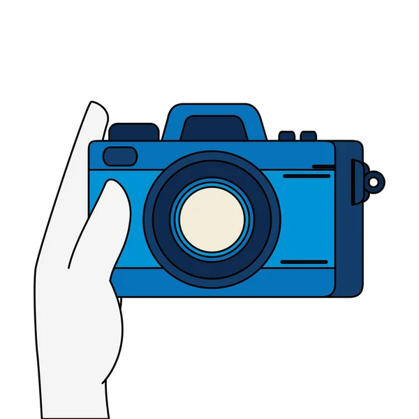 Mão com câmera ícone de dispositivo fotográfico isolado — Vetor de Stock
