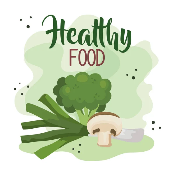 Cartel de alimentos saludables con brócoli y verduras — Vector de stock