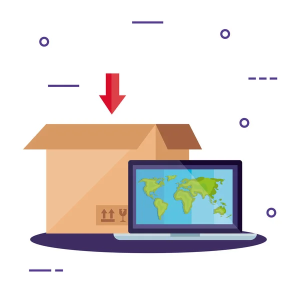 Box balíček a laptop s mapou — Stockový vektor