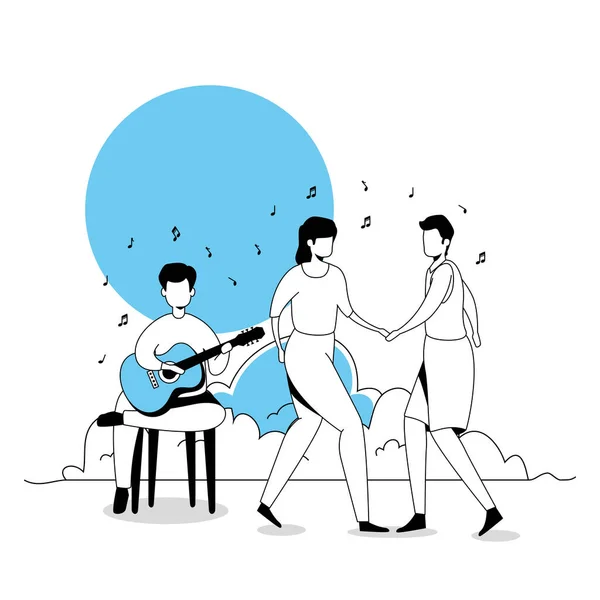 Man with guitar and couple dancing — Stock Vector