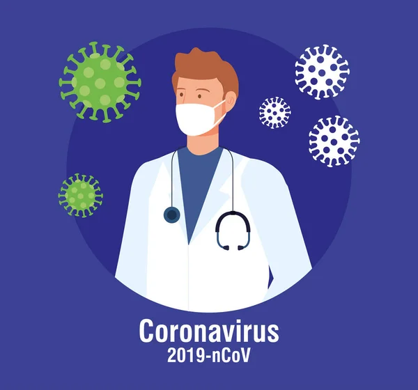 Pandemic coronavirus 2019 dengan dokter laki-laki - Stok Vektor