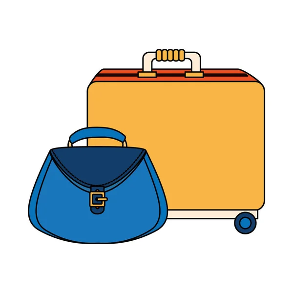 Wheeled suitcase with women bag isolated icon — Stock Vector