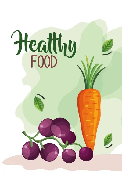 Healthy food poster with carrot and grapes — Stock Vector