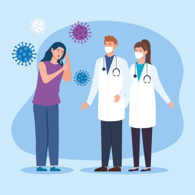 Coronavirüs 2019 'dan bıkmış bir kadınla çift doktor.