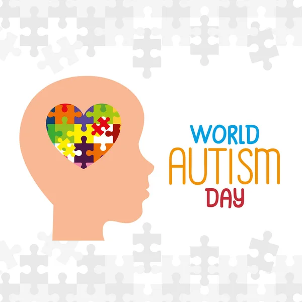 Día mundial del autismo con el perfil de la cabeza y piezas del rompecabezas — Vector de stock