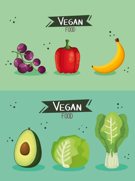 Zestaw plakatów żywności wegańskiej z warzywami i owocami — Wektor stockowy
