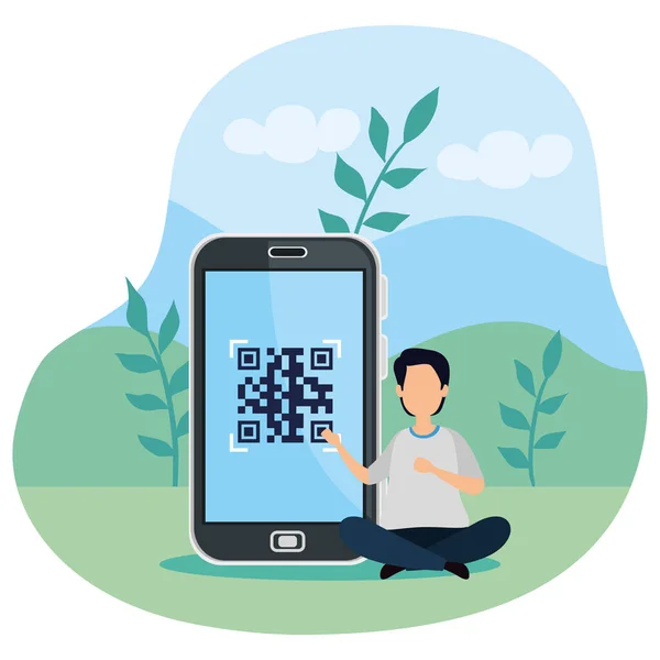 Scan-Code qr im Smartphone mit Mann und Symbolen — Stockvektor