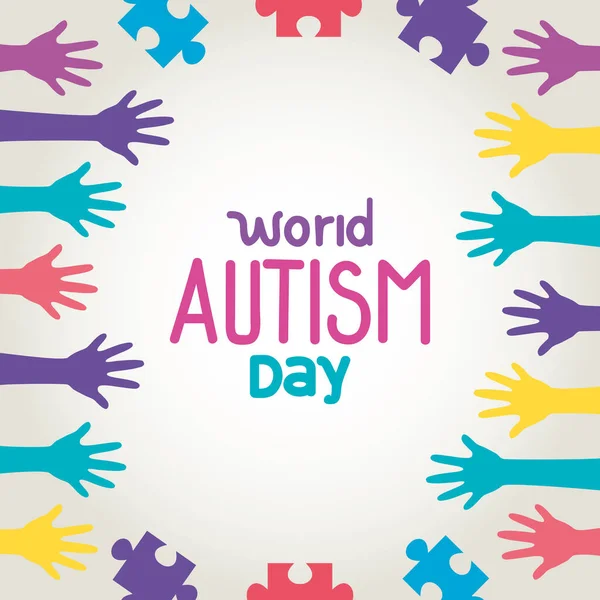 Giornata mondiale autismo con mani e pezzi di puzzle — Vettoriale Stock