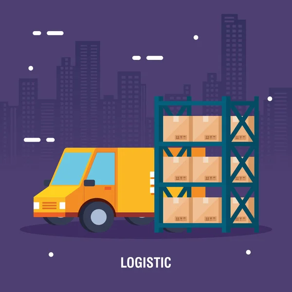 Servicio de entrega furgoneta y almacén estanterías metálicas con cajas — Vector de stock