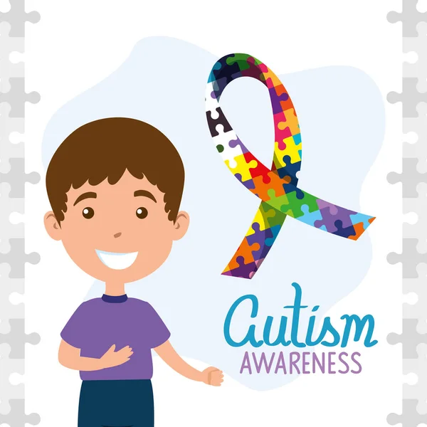 Día mundial del autismo con niño y cinta — Vector de stock