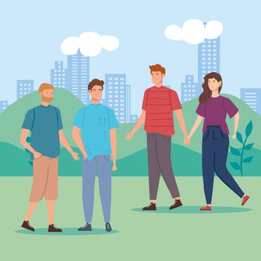 Şehir manzarasında bir grup genç insan