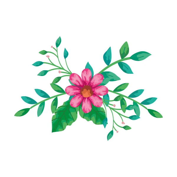 Linda flor rosa con ramas y hojas icono aislado — Vector de stock