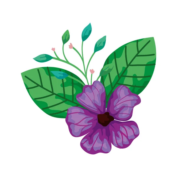 가지와 잎 이 고립된 아이콘 이 있는 귀여운 꽃 보라색 — 스톡 벡터