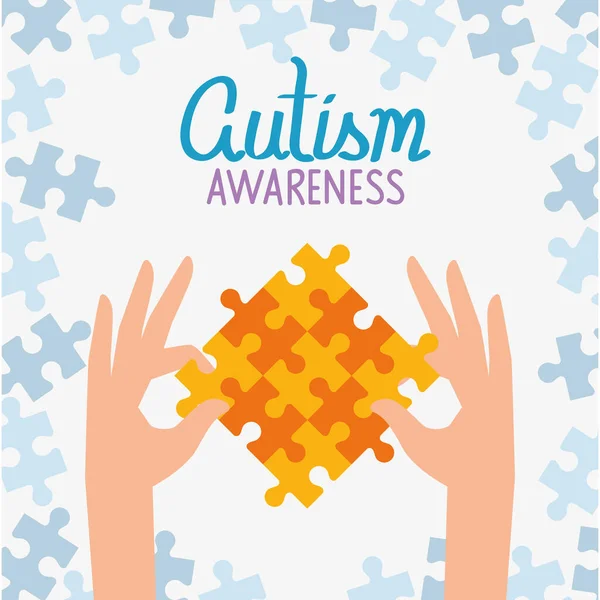 Día mundial del autismo con las manos y las piezas del rompecabezas — Vector de stock