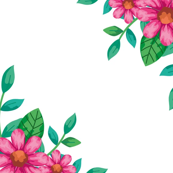 Marco de flores de color rosa con hojas naturales — Vector de stock