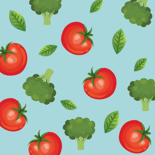 Background of tomatoes and broccolis — Stock Vector