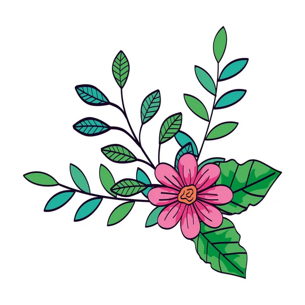 Cute flower pink color with branches and leafs — Stock vektor