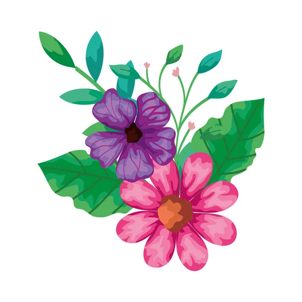 Lindas flores de color rosa y púrpura con hojas — Vector de stock
