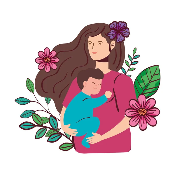 Cute woman pregnant carrying baby boy with flowers decoration — 스톡 벡터