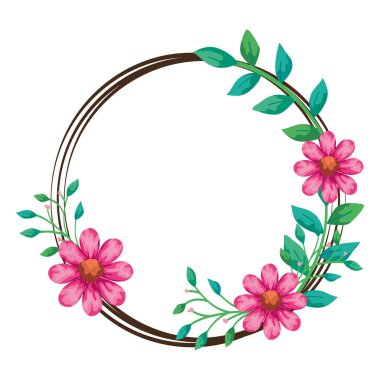 frame circular of flowers pink color with leafs natural