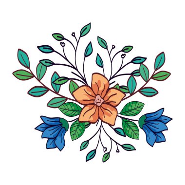 cute flowers blue and yellow color with branches and leafs