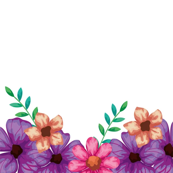 Lindas flores rosa y púrpura con hojas — Vector de stock