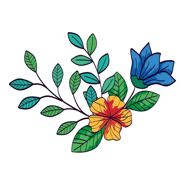 Cute flowers blue and yellow color with branches and leafs — Wektor stockowy